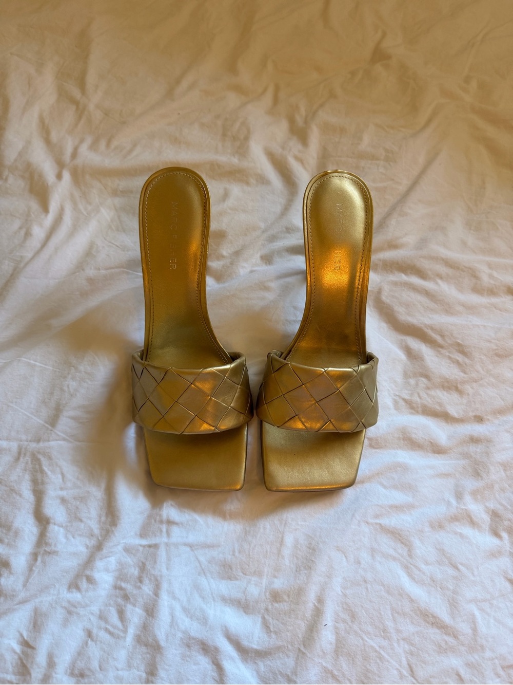 Marc Fisher woven square toe mules in gold - women’s heels